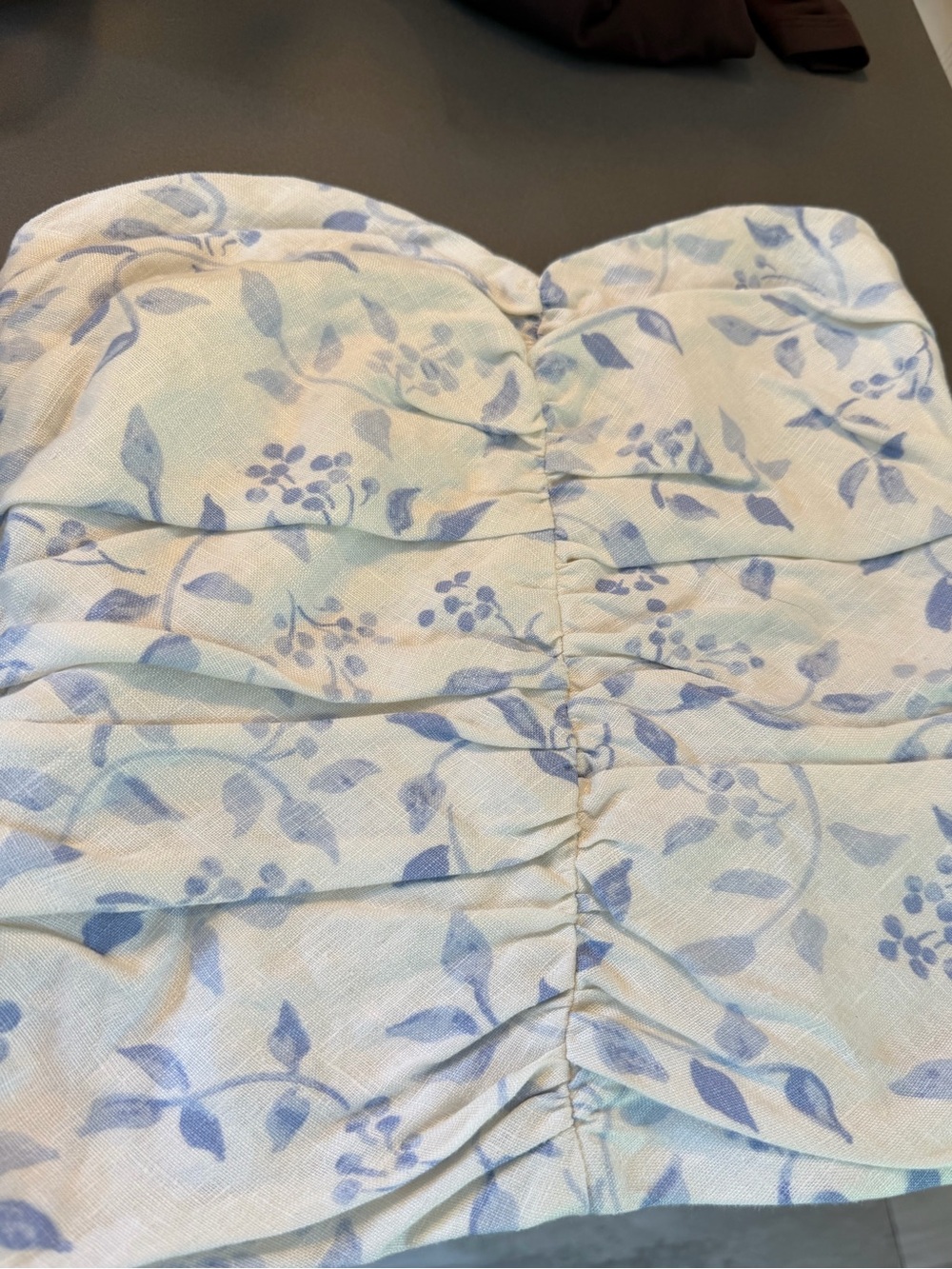 Reformation Blue Floral Strapless Ruched Top